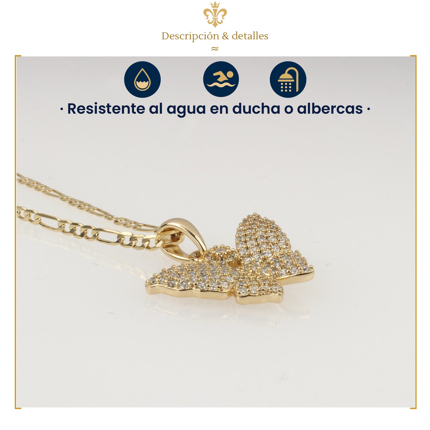 collar con cadena delgada en oro laminado con dije de mariposa diamantada dorada y cristales para mujer