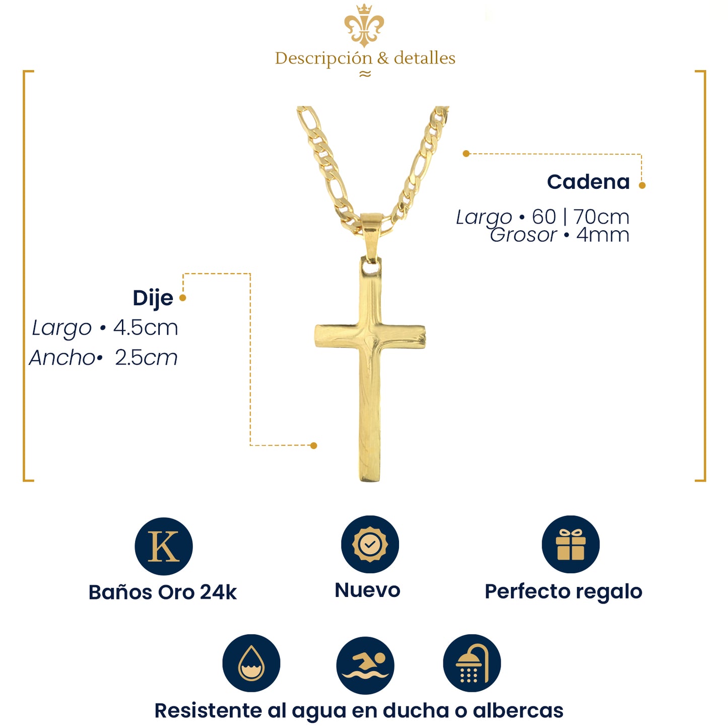 Dije De Cruz Crucifijo Liso Efecto Espejo Con Cadena Figaro Estilo Unisex En Oro Laminado