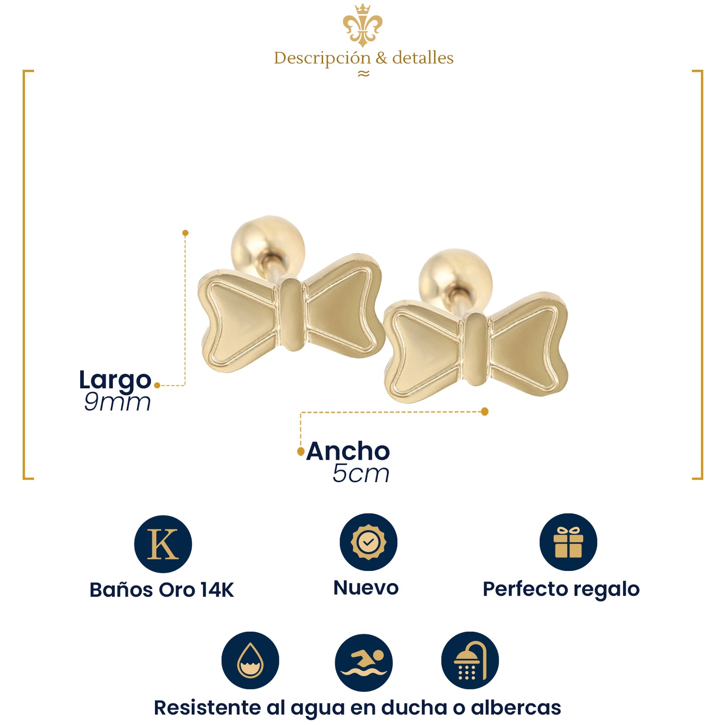 Aretes Broqueles Moños Para Niñas Liso Amarillo Oro Lam 14k