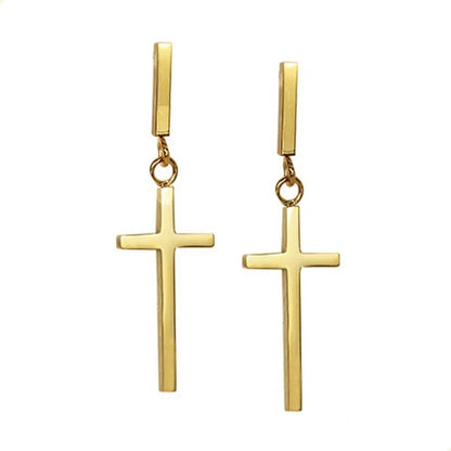 Aretes broquel de cruz colgante liso efecto espejo estilo unisex en oro laminado