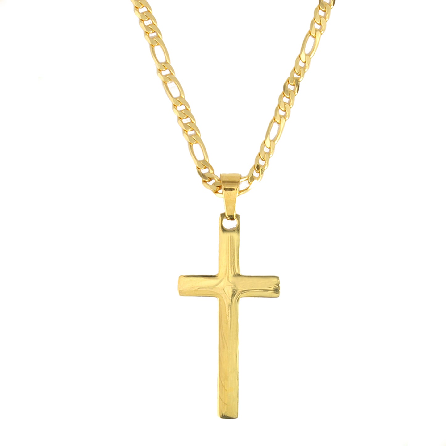 Dije De Cruz Crucifijo Liso Efecto Espejo Con Cadena Figaro Estilo Unisex En Oro Laminado