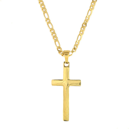 Dije De Cruz Crucifijo Liso Efecto Espejo Con Cadena Figaro Estilo Unisex En Oro Laminado