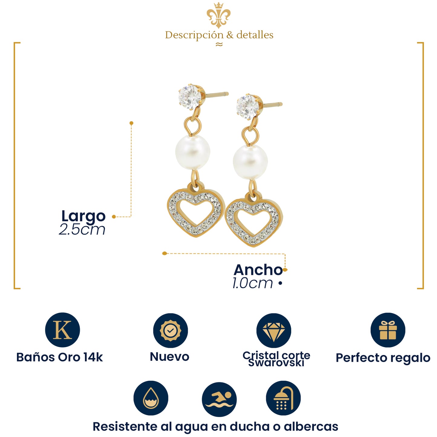 Aretes Acero Inoxidable Dama Broquel Cristales Corazón Perla