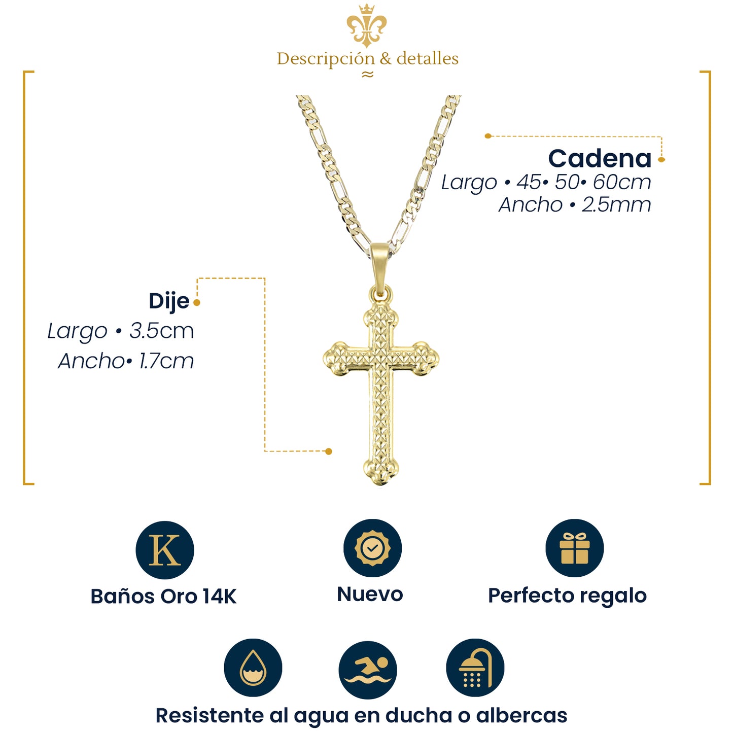 Dije Con Cadena Cruz Crucifijo Gótico con Grabados Unisex Oro Laminado