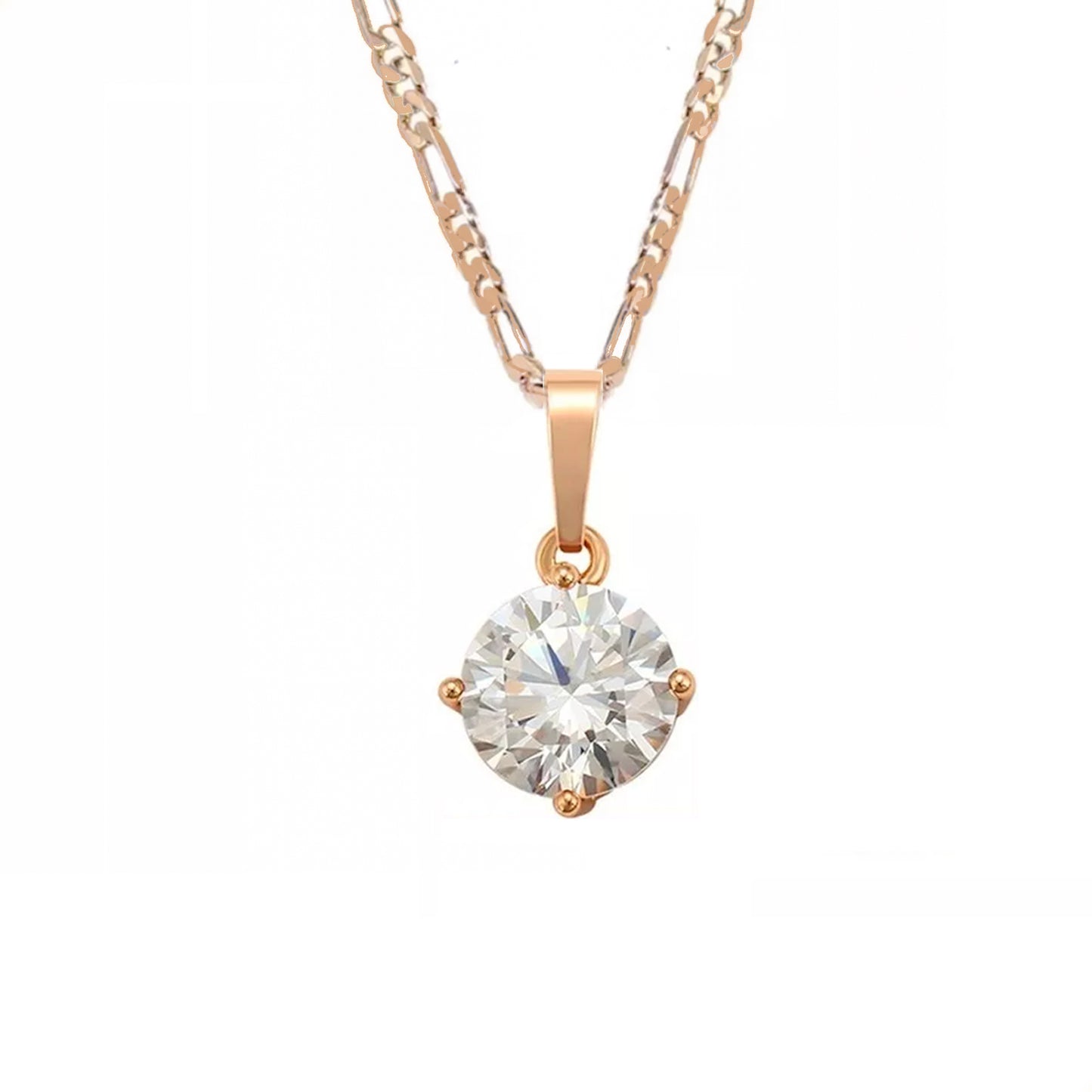 cadena tipo figaro con dije solitario de cristal diamante en oro laminado 18k para mujer