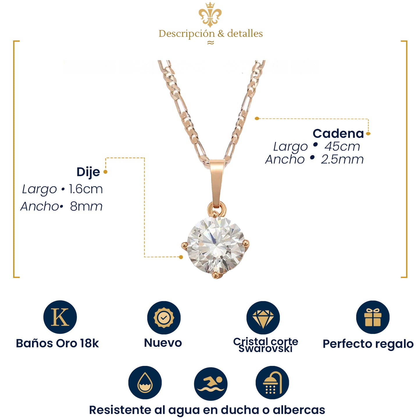 cadena tipo figaro con dije solitario de cristal diamante en oro laminado 18k para mujer