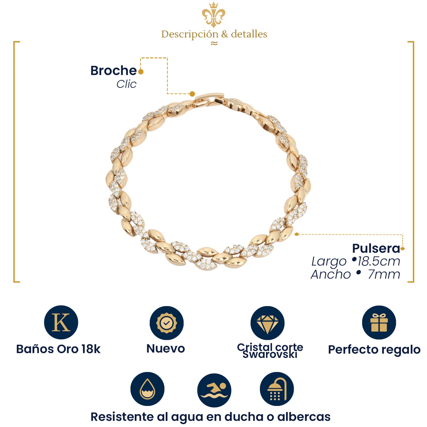 Bonita pulsera con cristales para mujer en oro laminado 18k