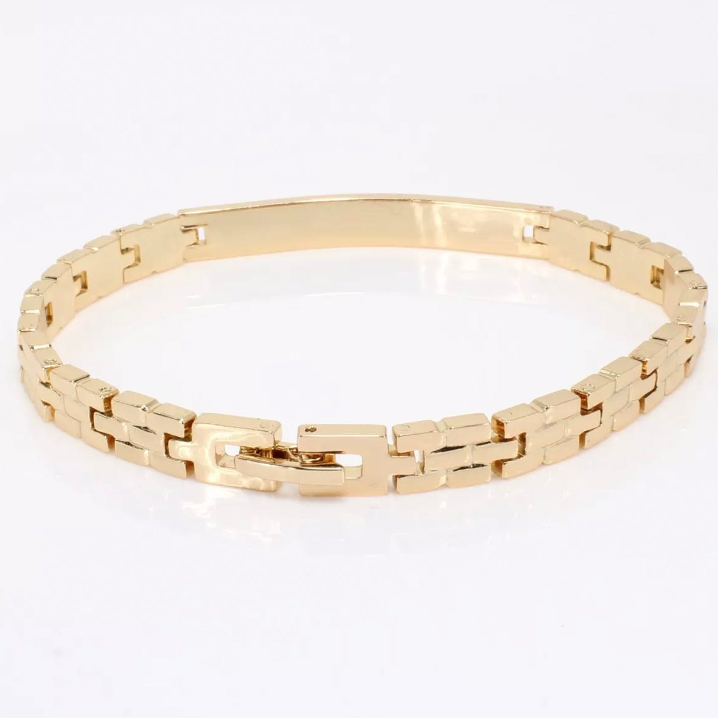 pulsera estilo esclava con placa diamantada en cristales tipo unisex en oro laminado