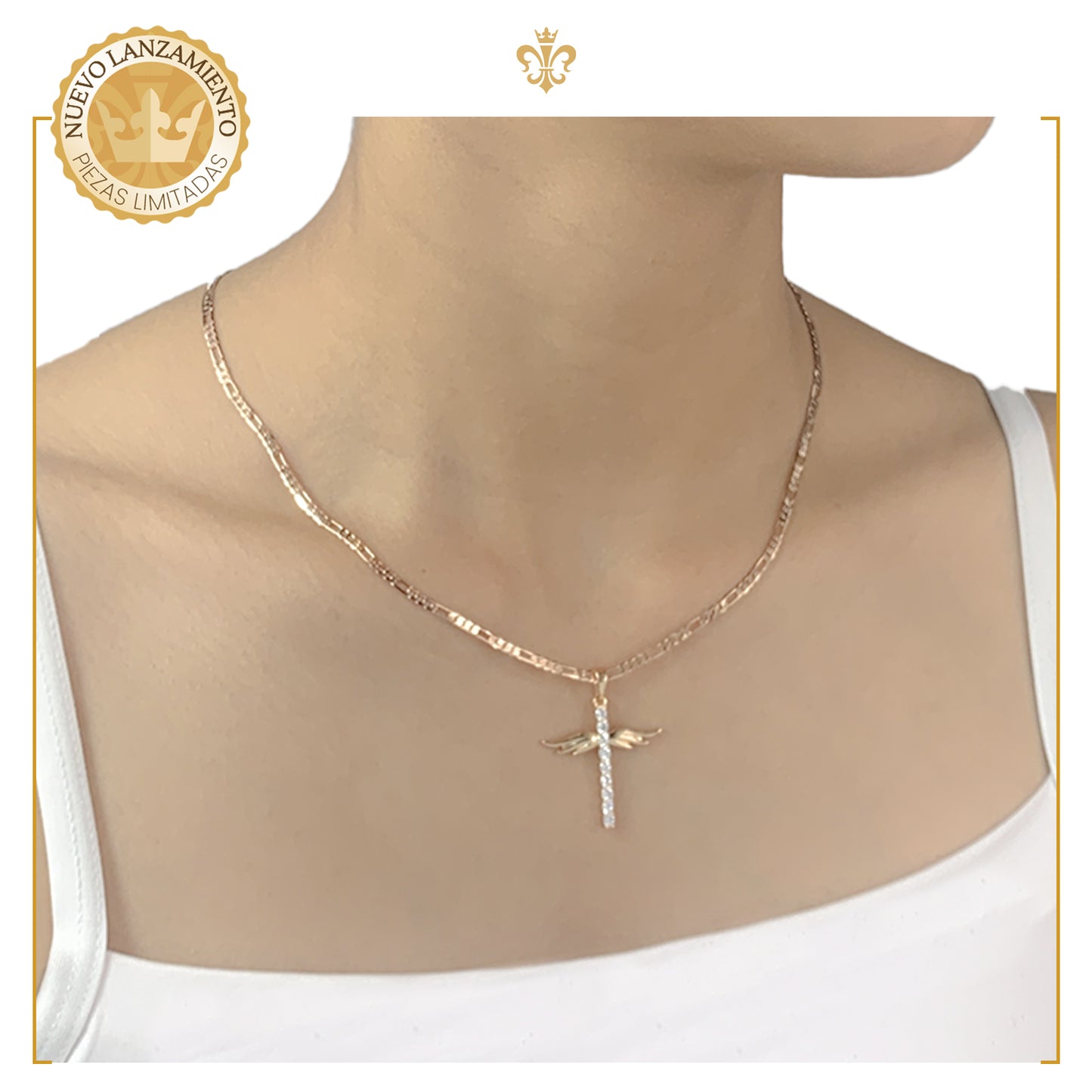 collar dije de cruz con alas de angel  y cristales brillantes para mujer en oro laminado 18k