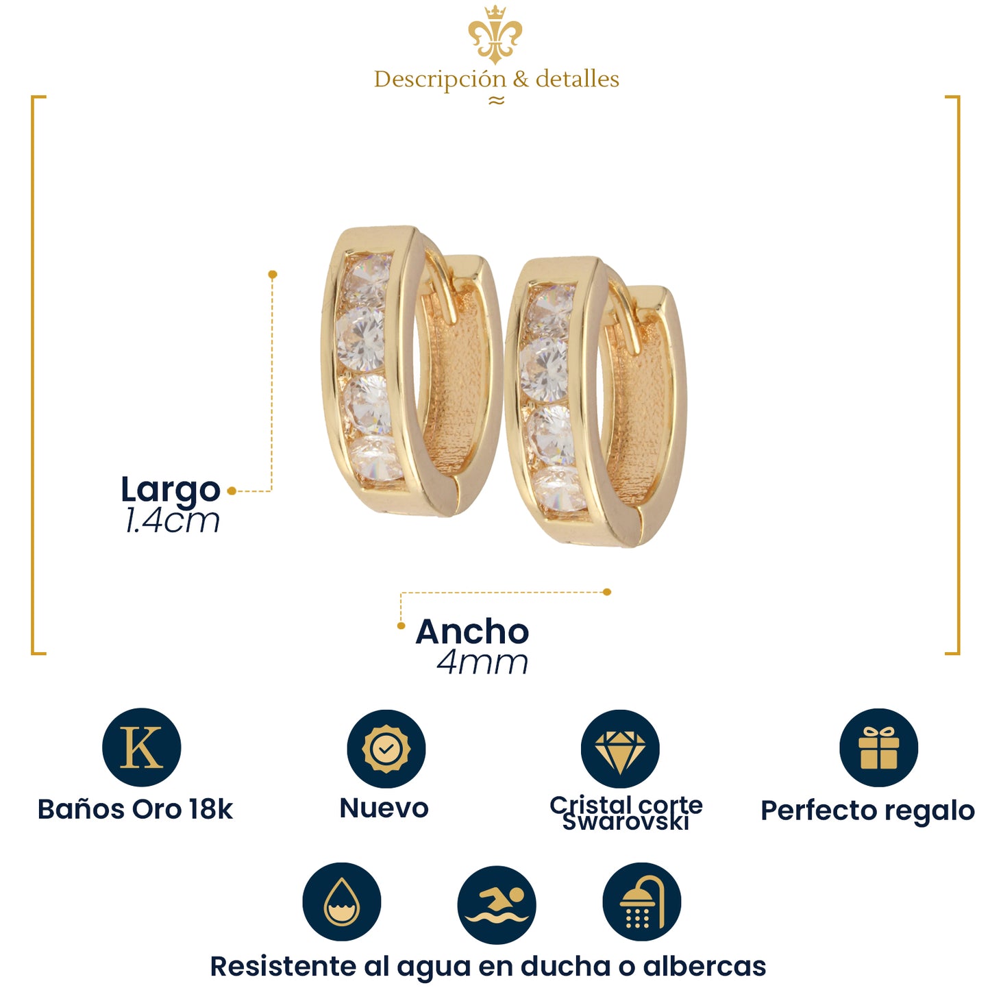 Aretes Arracaditas Tipo Huggies Con Cristales Para Mujer En Oro Laminado