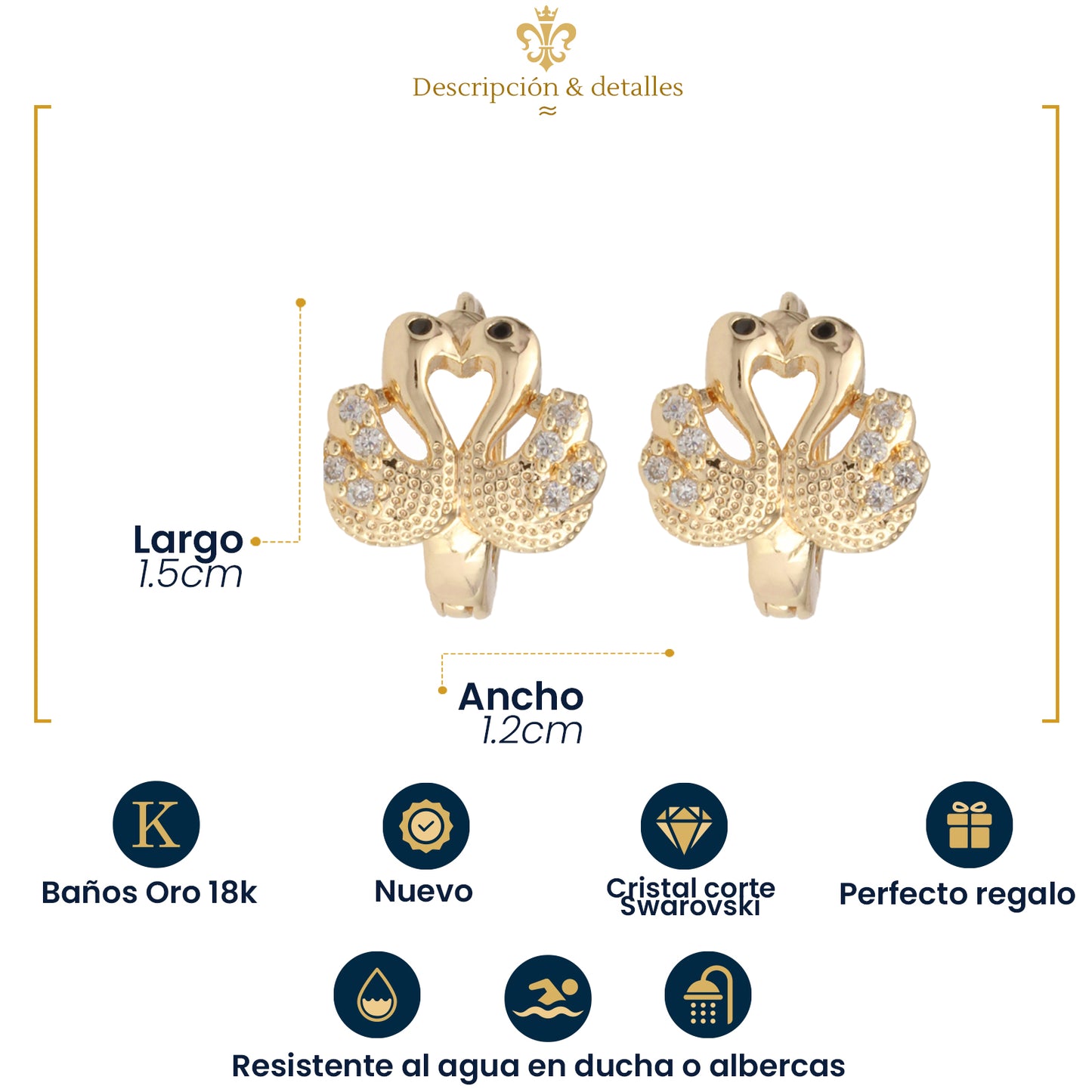 Aretes Medianos Huggies De Cisne En Oro Laminado Con Cristales Para Mujer