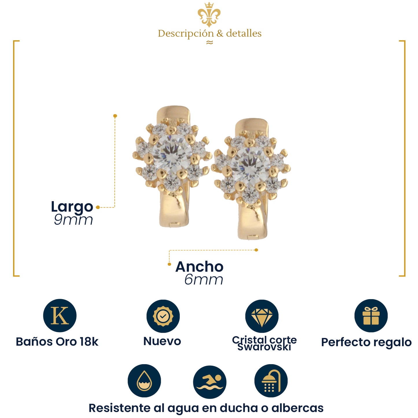 Aretes huggies  Pequeños En Oro Laminado con Cristales Para Mujer Y Niña