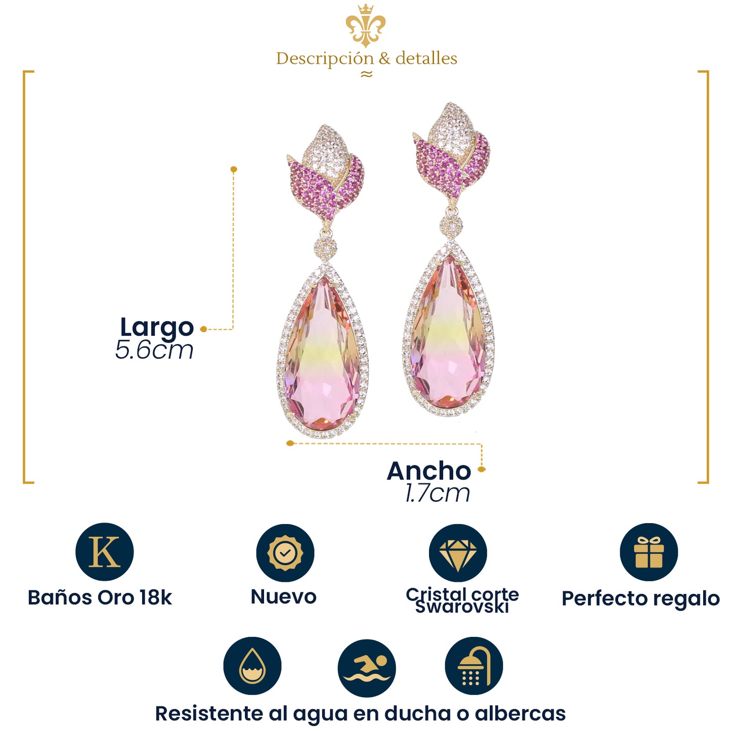 Aretes Largos De Tulipán Con Cristales Para Mujer En Oro Laminado