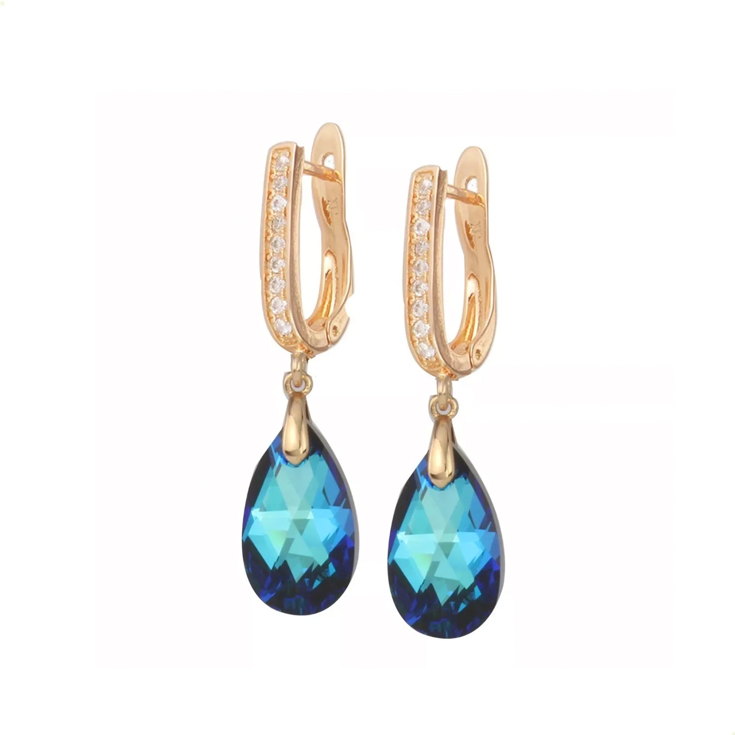 aretes largos cristales con diseño de gota en oro laminado 18k