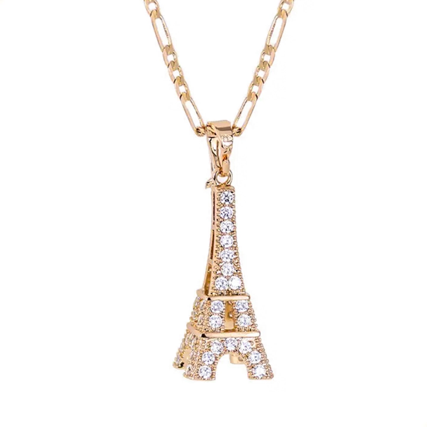 collar para mujer con dije de paris y cadena estilo figaro delgada en oro laminado