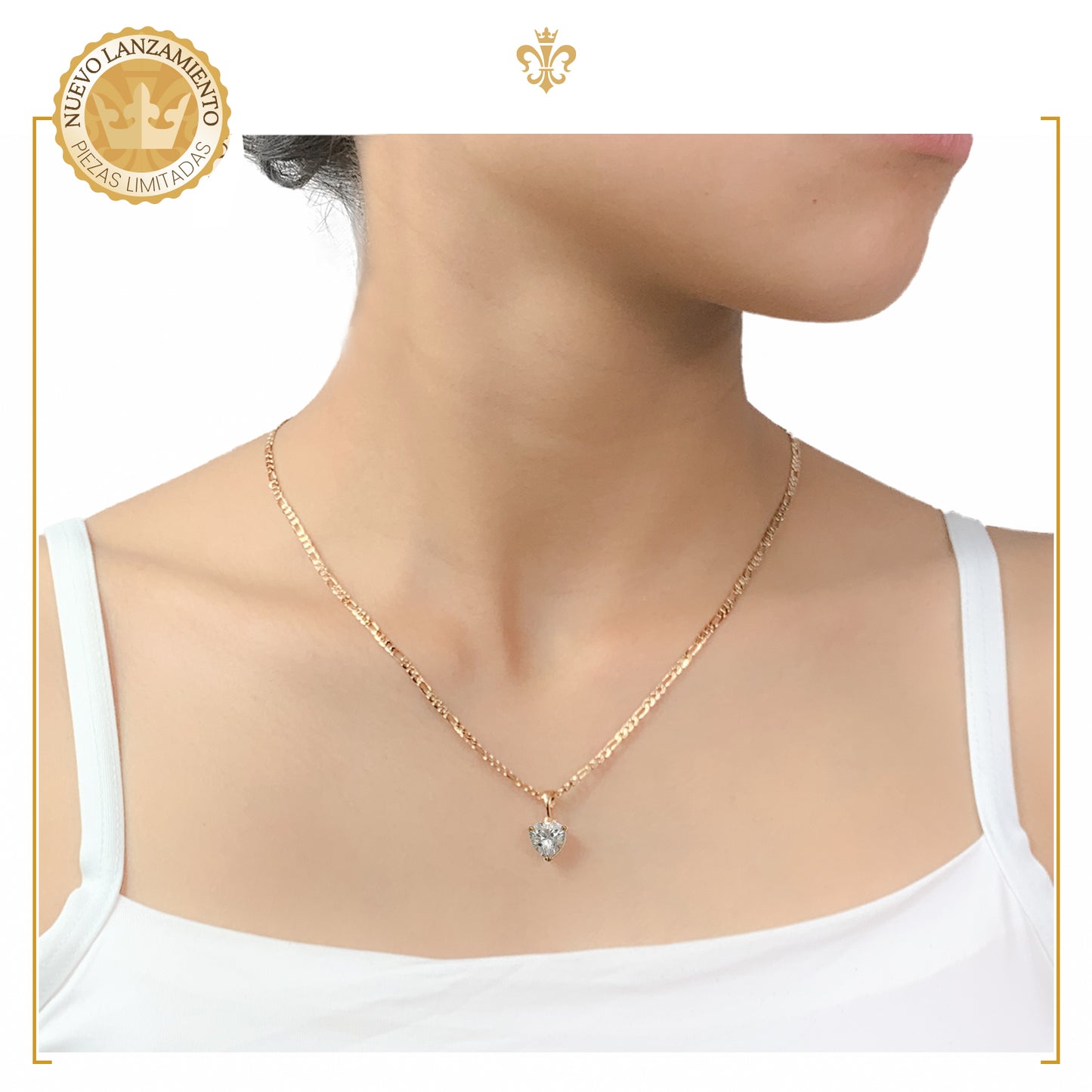 cadena figaro con dije diseño de corazon de cristal oro laminado 18k