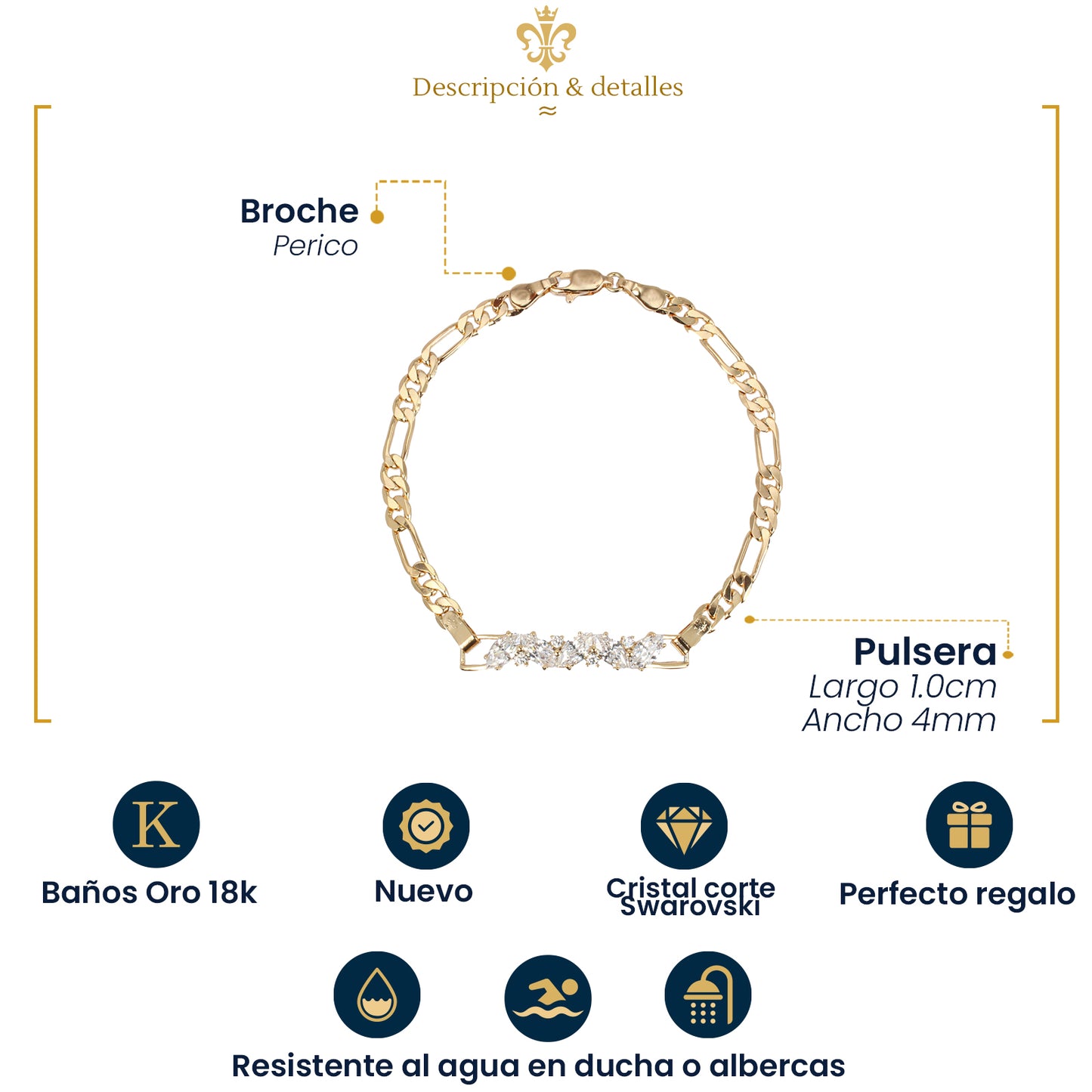 Pulsera Esclava Tejido Figaro Para Mujer En Oro Laminado 18k Con Cristales