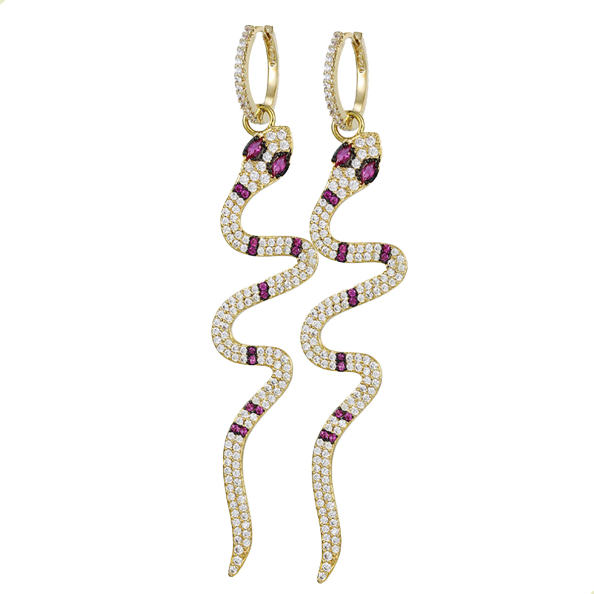 Aretes Largos Colgante Huggies De Serpiente Con Finos Cristales En Oro Laminado 14k